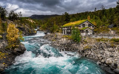 mountain river, Norway, mountain landscape, wooden house, green grass on the roof