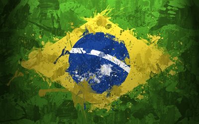 Flag of Brazil, grunge style, art, splashes of paint, Brazilian flag, creative art, Brazil