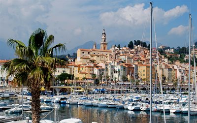 Menton, yacht parking, resort town, port, summer, yachts, sailboats, Cote dAzur, Mediterranean Sea, France