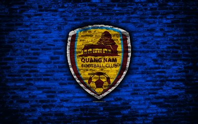 FC Quang Nam, 4k, logo, V League 1, Vietnam, soccer, Vietnamese football club, soccer Asia, Quang Nam, football, brick texture, Quang Nam FC