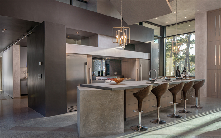 stylish kitchen interior, dining room, gray interior, modern interior design, loft style, gray art concrete