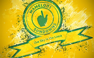 Mamelodi Sundowns FC, 4k, الطلاء الفن, شعار, الإبداعية, جنوب أفريقيا لكرة القدم, جنوب أفريقيا شعبة الممتاز, خلفية صفراء, أسلوب الجرونج, بريتوريا, جنوب أفريقيا, كرة القدم
