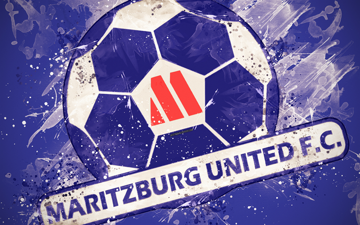 Maritzburg United FC, 4k, الطلاء الفن, شعار, الإبداعية, جنوب أفريقيا لكرة القدم, جنوب أفريقيا شعبة الممتاز, خلفية زرقاء, أسلوب الجرونج, بيترماريتسبورج, جنوب أفريقيا, كرة القدم