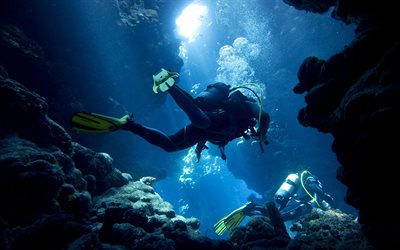 divers, underwater world, rocks, extreme hobbies, diving