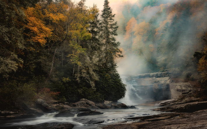 autumn landscape, mountain river, waterfall, fog, autumn, forest, yellow trees