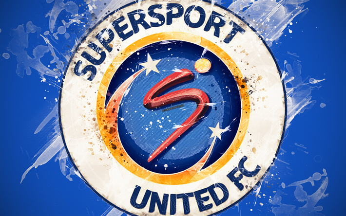 SuperSport United FC, 4k, paint taidetta, logo, luova, Etel&#228;-Afrikkalainen jalkapallo joukkue, Etel&#228;-Afrikan Premier Division, tunnus, sininen tausta, grunge-tyyliin, Pretoria, Etel&#228;-Afrikka, jalkapallo