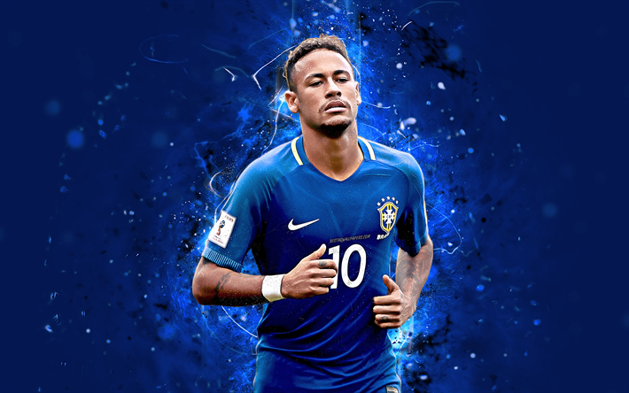 Neymar, 4k, uniforme blu, astratto, arte, Squadra Nazionale del Brasile, fan art, Neymar JR, calcio, calciatori, luci al neon, stelle del calcio, squadra di calcio Brasiliana
