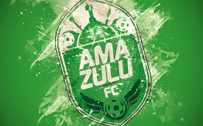 AmaZulu FC, 4k, peinture d&#39;art, logo, cr&#233;atif, Sud-Africain de l&#39;&#233;quipe de football, Afrique du Sud, Premier ministre de la Division, de l&#39;embl&#232;me, fond vert, style grunge, Durban, le football