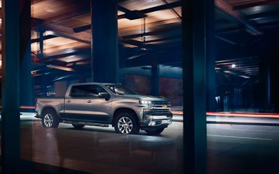 Chevrolet Silverado, 2019, 4k, exterior, vista de frente, de plata nueva Silverado, coches Americanos, camioneta, Chevrolet