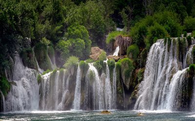vattenfall, Plitvice Lakes, Kroatien, rock, sj&#246;n, skogen, vackra vattenfall, Plitvice Lakes National Park