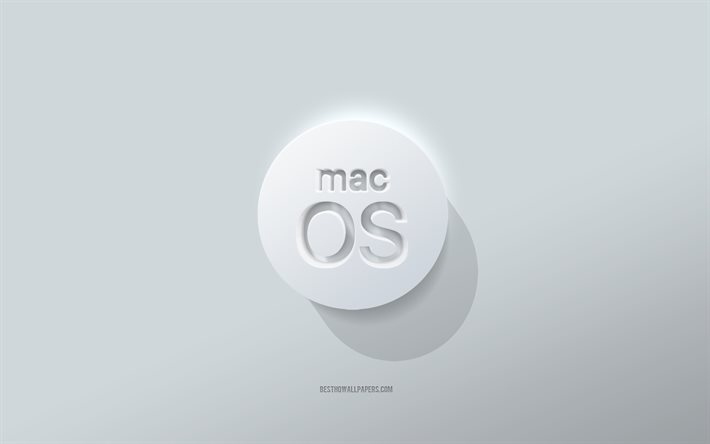 macOS -logo, valkoinen tausta, macOS 3D -logo, 3d -taide, macOS, 3d macOS -tunnus, Apple