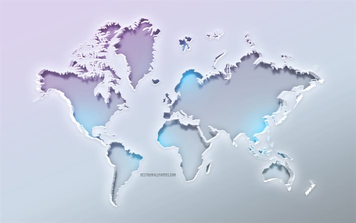  Descargar fondos de pantalla Mapa del mundo, continentes, fondo blanco, mapa del mundo con sangría, luces de neón, conceptos de mapa del mundo, mapa del mundo creativo libre. Imágenes fondos de descarga