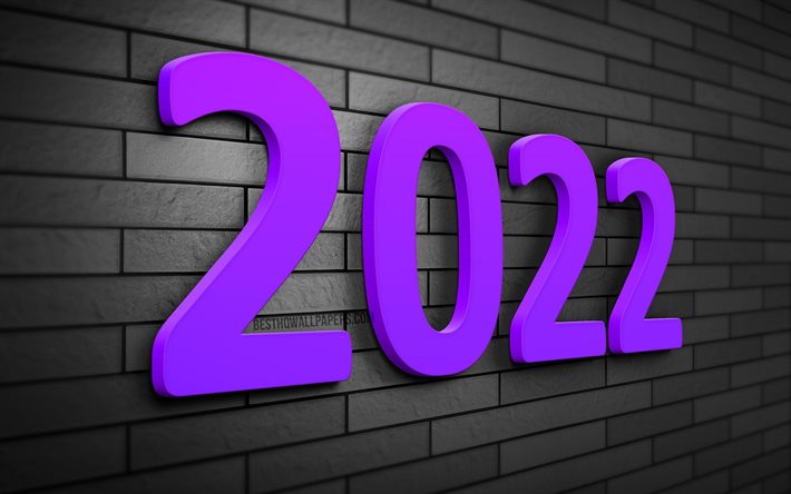 4k, Happy New Year 2022, creative, 2022 violet 3D digits, 2022 business concepts, gray brickwall, 2022 new year, 2022 year, 2022 on gray background, 2022 concepts, 2022 year digits