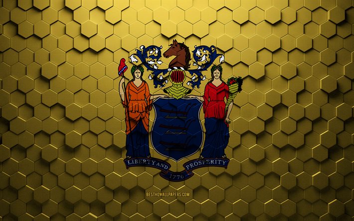 Drapeau du New Jersey, art en nid d&#39;abeille, drapeau des hexagones du New Jersey, New Jersey, art des hexagones 3d, drapeau du New Jersey