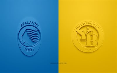 Atalanta vs BSC Young Boys, 2021, UEFA Champions League, Groupe F, logos 3D, fond bleu jaune, Champions League, match de football, 2021 Champions League, Atalanta, BSC Young Boys