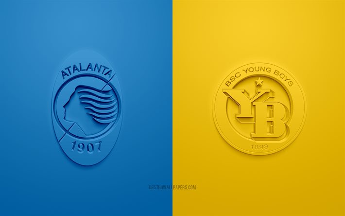 Atalanta vs BSC Young Boys, 2021, UEFA Champions League, Grupo F, logotipos 3D, fondo azul amarillo, Champions League, partido de f&#250;tbol, 2021 Champions League, Atalanta, BSC Young Boys