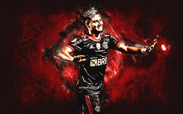 Andreas Pereira, Flamengo, footballeur br&#233;silien, portrait, fond de pierre rouge, football, CR Flamengo, Br&#233;sil