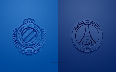 Club Brugge KV vs PSG, 2021, UEFA Champions League, Group А, 3D logos, blue background, Champions League, football match, 2021 Champions League, Club Brugge KV, PSG