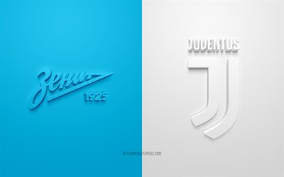 FC Zenit vs Juventus FC, 2021, UEFA Champions League, Grupp H, 3D -logotyper, blå vit bakgrund, Champions League, fotbollsmatch, 2021 Champions League, FC Zenit, Juventus FC