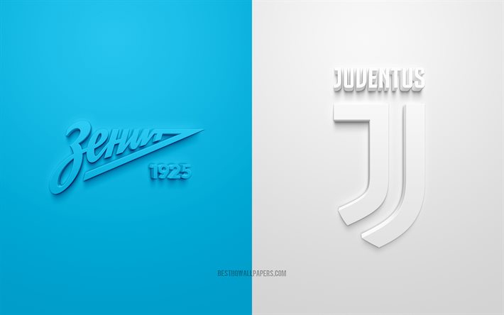 FC Zenit vs Juventus FC, 2021, UEFA Champions League, Grupo H, logotipos 3D, fundo branco azul, Liga dos Campe&#245;es, partida de futebol, 2021 Champions League, FC Zenit, Juventus FC