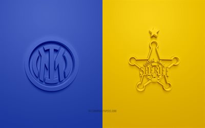 Inter Milan vs Sheriff Tiraspol, 2021, UEFA Champions League, Groupe D, logos 3D, fond bleu jaune, Champions League, match de football, 2021 Champions League, Inter Milan, Sheriff Tiraspol
