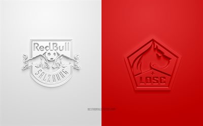 Red Bull Salzburg vs LOSC Lille, 2021, UEFA Champions League, Grupp G, 3D -logotyper, vit röd bakgrund, Champions League, fotbollsmatch, 2021 Champions League, LOSC Lille, Red Bull Salzburg