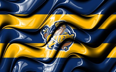 Erie Otters flag, 4k, blue and yellow 3D waves, OHL, canadian hockey team, Erie Otters logo, hockey, Erie Otters, Canada