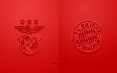 SL Benfica vs FC Bayern München, 2021, UEFA Champions League, Grupp E, 3D -logotyper, röd bakgrund, Champions League, fotbollsmatch, 2021 Champions League, FC Bayern München, SL Benfica