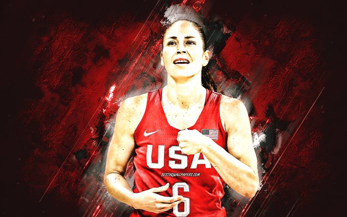 Sue Bird, Yhdysvaltain koripallojoukkue, punainen kivi tausta, amerikkalainen koripalloilija, muotokuva, USA, koripallo