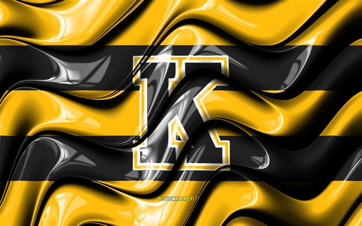 Bandeira Kingston Frontenacs, 4k, ondas 3D amarelas e pretas, OHL, time canadense de h&#243;quei, logotipo Kingston Frontenacs, h&#243;quei, Kingston Frontenacs, Canad&#225;