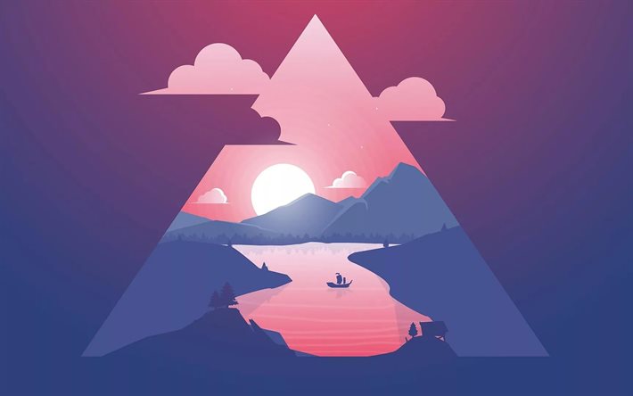 abstract nature landscape, 4k, triangle, sunset, lake, creative, nature minimalism, artwork, abstract landscapes