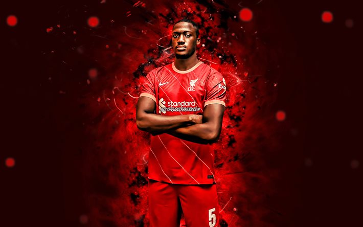 Ibrahima Konate, 4k, 2021, Liverpool FC, calciatori francesi, calcio, Premier League, luci al neon rosse, Ibrahima Konate Liverpool, Ibrahima Konate 4K
