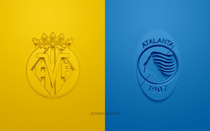 Villarreal vs Atalanta, 2021, UEFA Champions League, Gruppo F, loghi 3D, sfondo giallo blu, Champions League, partita di calcio, Champions League 2021, Villarreal, Atalanta