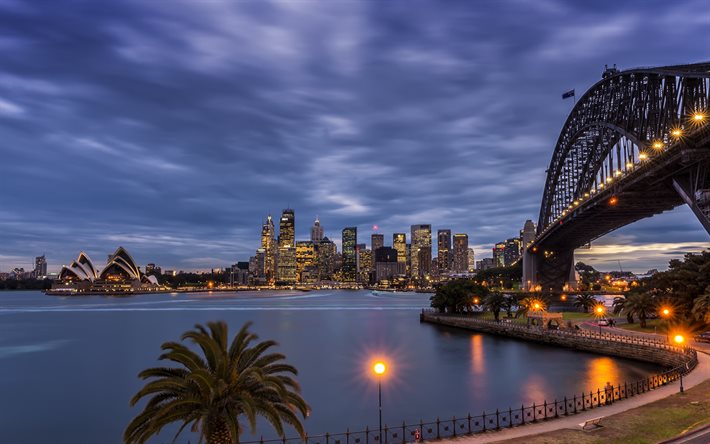 Sydney, gratte-ciel, op&#233;ra de Sydney, port de Sydney, pont du port de Sydney, soir&#233;e, coucher de soleil, horizon de Sydney, paysage urbain de Sydney, Australie