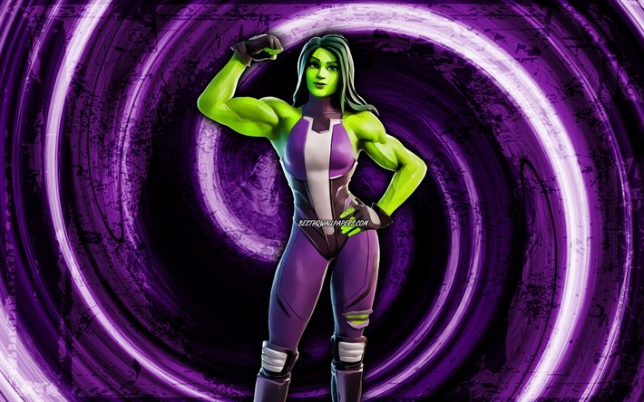 4k, She-Hulk, fond grunge violet, Fortnite, vortex, personnages Fortnite, She-Hulk Skin, Fortnite Battle Royale, She-Hulk Fortnite