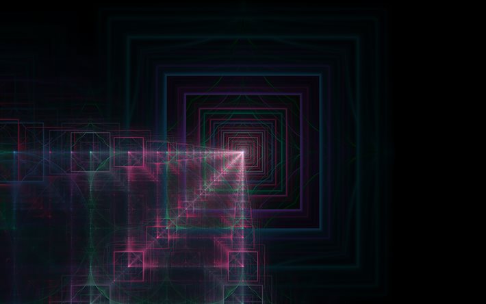 radar abstrato, 4k, fractais, fundos abstratos, raios de n&#233;on, arte fractal, criativo, quadrados