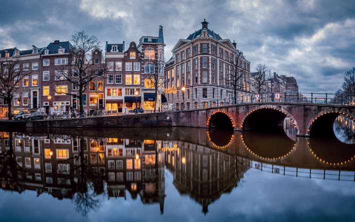 Amsterdam, Keizersgracht Kanalı, akşam, G&#252;n batımı, Amsterdam sokakları, Amsterdam şehir, Hollanda