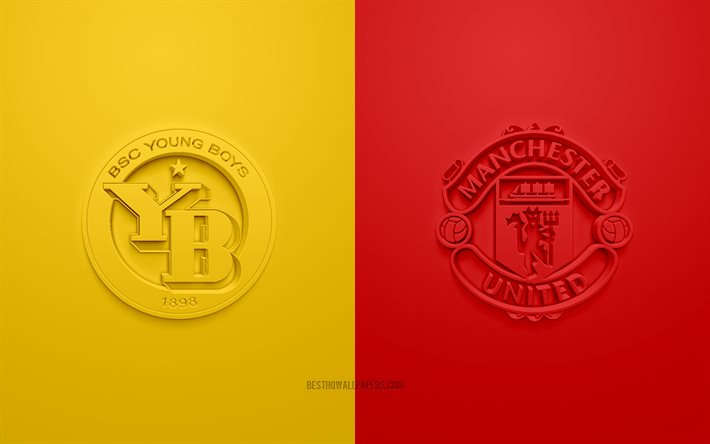 bsc young boys vs manchester united, 2021, uefa champions league, gruppe f, 3d-logos, gelb-roter hintergrund, champions league, fußballspiel, champions league 2021, bsc young boys, manchester united