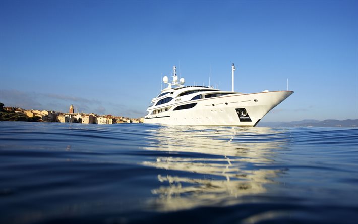 yacht blanc de luxe, mer M&#233;diterran&#233;e, beau yacht, C&#244;te d&#39;Azur, c&#244;te, &#233;t&#233;, soir&#233;e, coucher de soleil, yacht