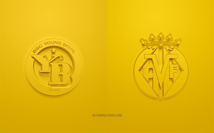 BSC Young Boys vs Villarreal, 2021, UEFA Champions League, Gruppo F, loghi 3D, sfondo giallo, Champions League, partita di calcio, Champions League 2021, BSC Young Boys, Villarreal