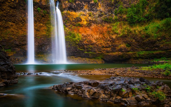 Wailua Falls, cascata, fiume Wailua, rocce, isola di Kauai, Hawaii, bellissimo lago, USA