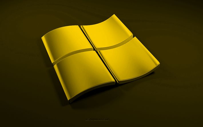 黄色の3dWindowsロゴ, 黒の背景, 3D波黄色の背景, Windowsロゴ, Windowsエンブレム, 3Dアート, Windows