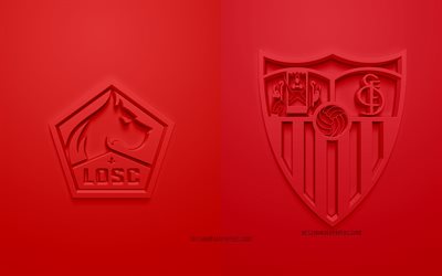 LOSC Lille vs Sevilla FC, 2021, UEFA Champions League, Groupe G, logos 3D, fond rouge, Champions League, match de football, 2021 Champions League, LOSC Lille, Sevilla FC