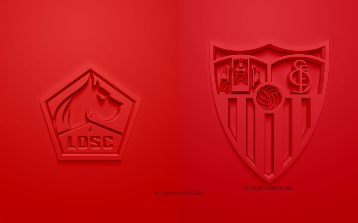 LOSC Lille vs Sevilla FC, 2021, UEFA Champions League, Grupo G, logotipos 3D, fundo vermelho, Champions League, partida de futebol, 2021 Champions League, LOSC Lille, Sevilla FC