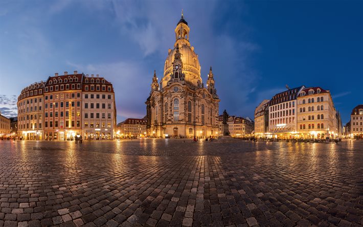 Dresde, Frauenkirche, &#233;glise, soir&#233;e, coucher de soleil, Neumarkt, place de Dresde, monument, paysage urbain de Dresde, Allemagne