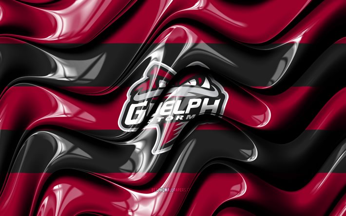 Guelph Storm bayrağı, 4k, mor ve siyah 3D dalgalar, OHL, Kanada hokey takımı, Guelph Storm logosu, hokey, Guelph Storm, Kanada