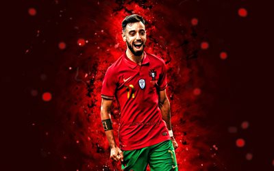 Bruno Fernandes, 4k, 2021, Portugal National Team, soccer, footballers, Bruno Miguel Borges Fernandes, red neon lights, Portuguese football team, CR7, Bruno Fernandes 4K