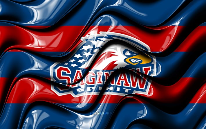Saginaw Spirit bayrağı, 4k, mavi ve kırmızı 3D dalgalar, OHL, Kanada hokey takımı, Saginaw Spirit logosu, hokey, Saginaw Spirit, Kanada