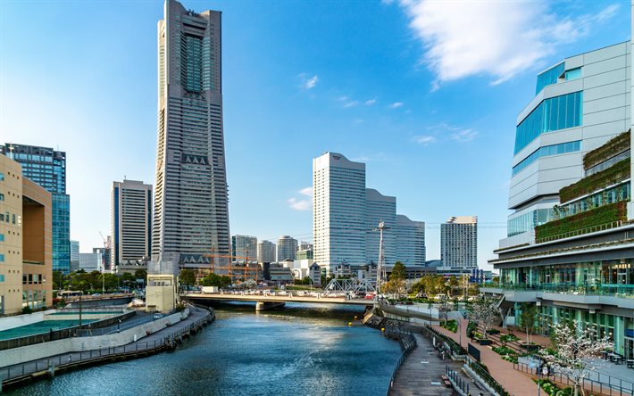 Yokohama, g&#246;kdelenler, Yokohama Landmark Tower, modern binalar, Yokohama şehir manzarası, Japonya