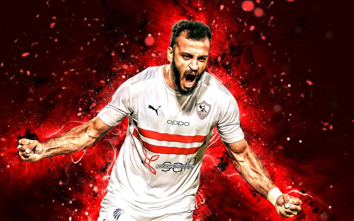 Marwan Hamdi, 4k, 2021, Mısırlı futbolcular, Zamalek FC, Mısır Premier Ligi, futbol, kırmızı neon ışıkları, Zamalek SC, Marwan Hamdi Zamalek, Marwan Hamdi 4K